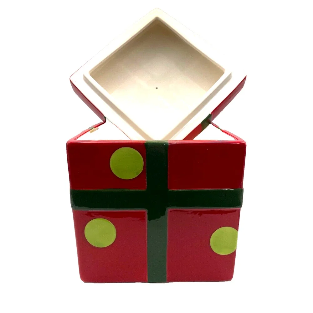 Crafty Christmas Collection Red Ceramic Box With Green Polka dot and Ribbon Jar